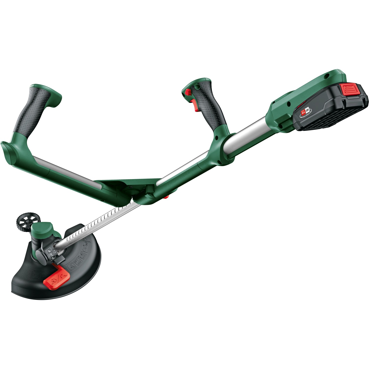 Bosch Akku-Rasentrimmer UniversalGrassCut 18V-26, Akku-Trimmer mit grünem Gehäuse und schwarzem Akku.