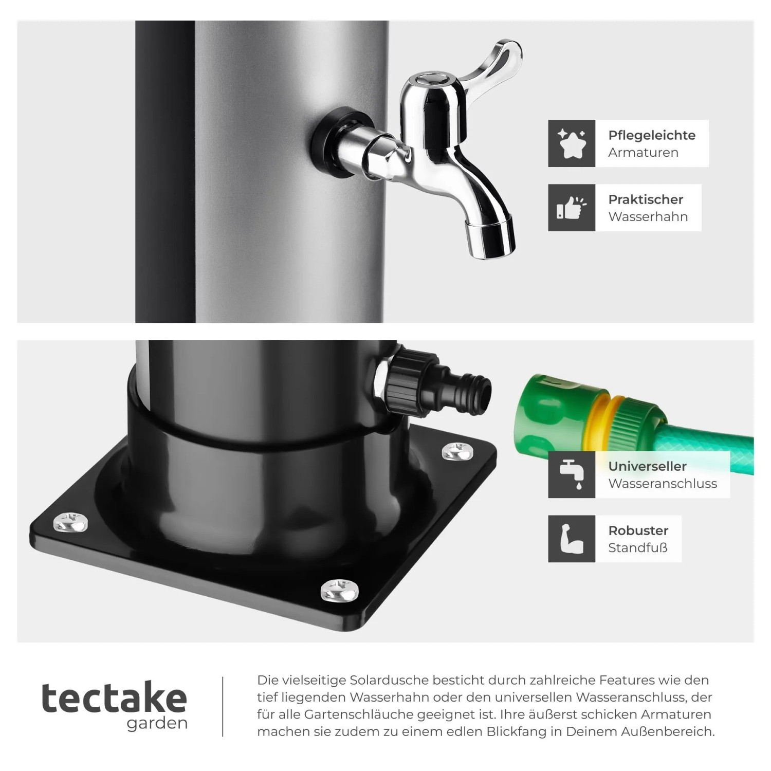 Detailaufnahme Solardusche Tinto mit Armatur, Wasserhahn und Gartenschlauchanschluss.