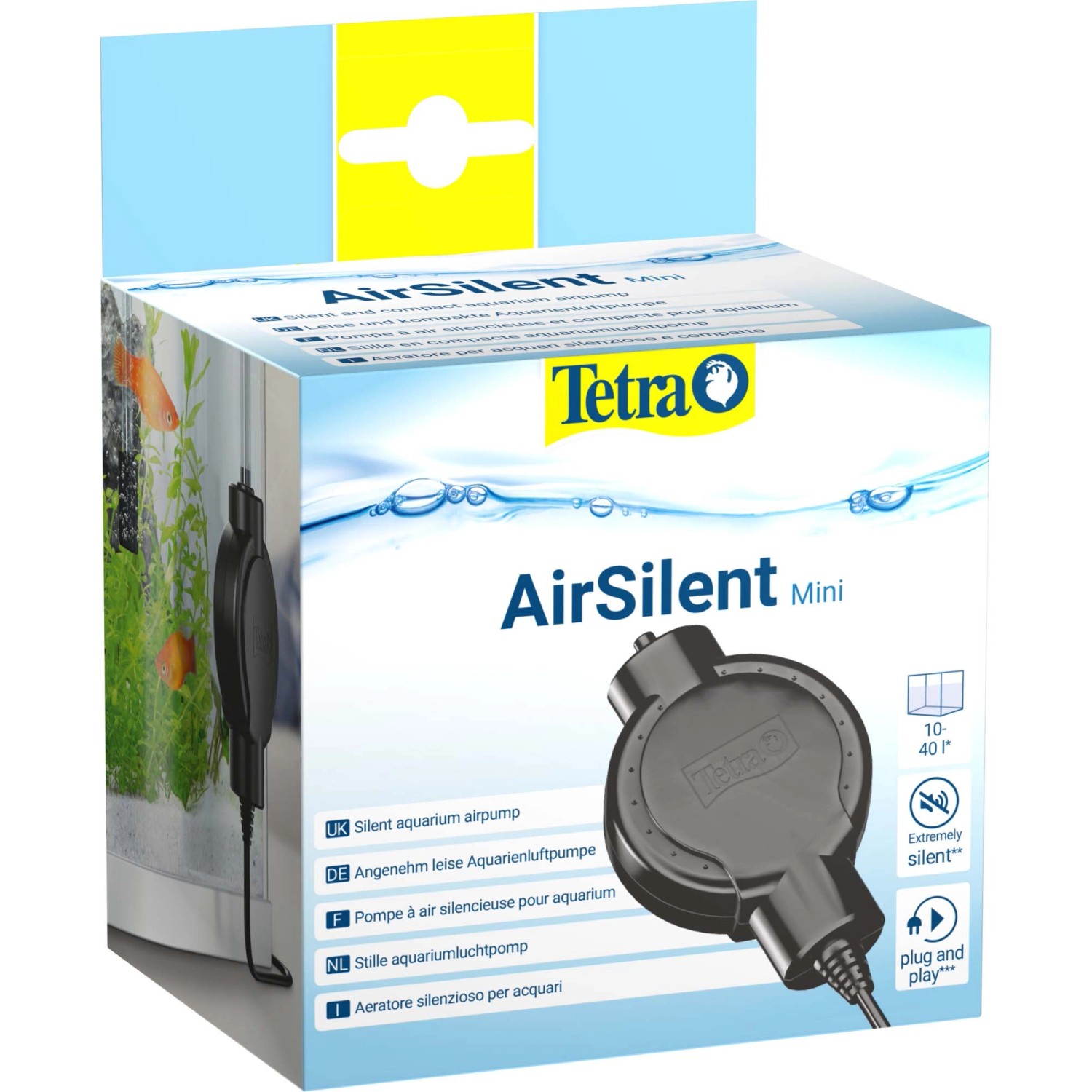 Verpackung der Tetra AirSilent Mini Aquarium Pumpe, eine leise Pumpe für Aquarien von 10-40 Liter.