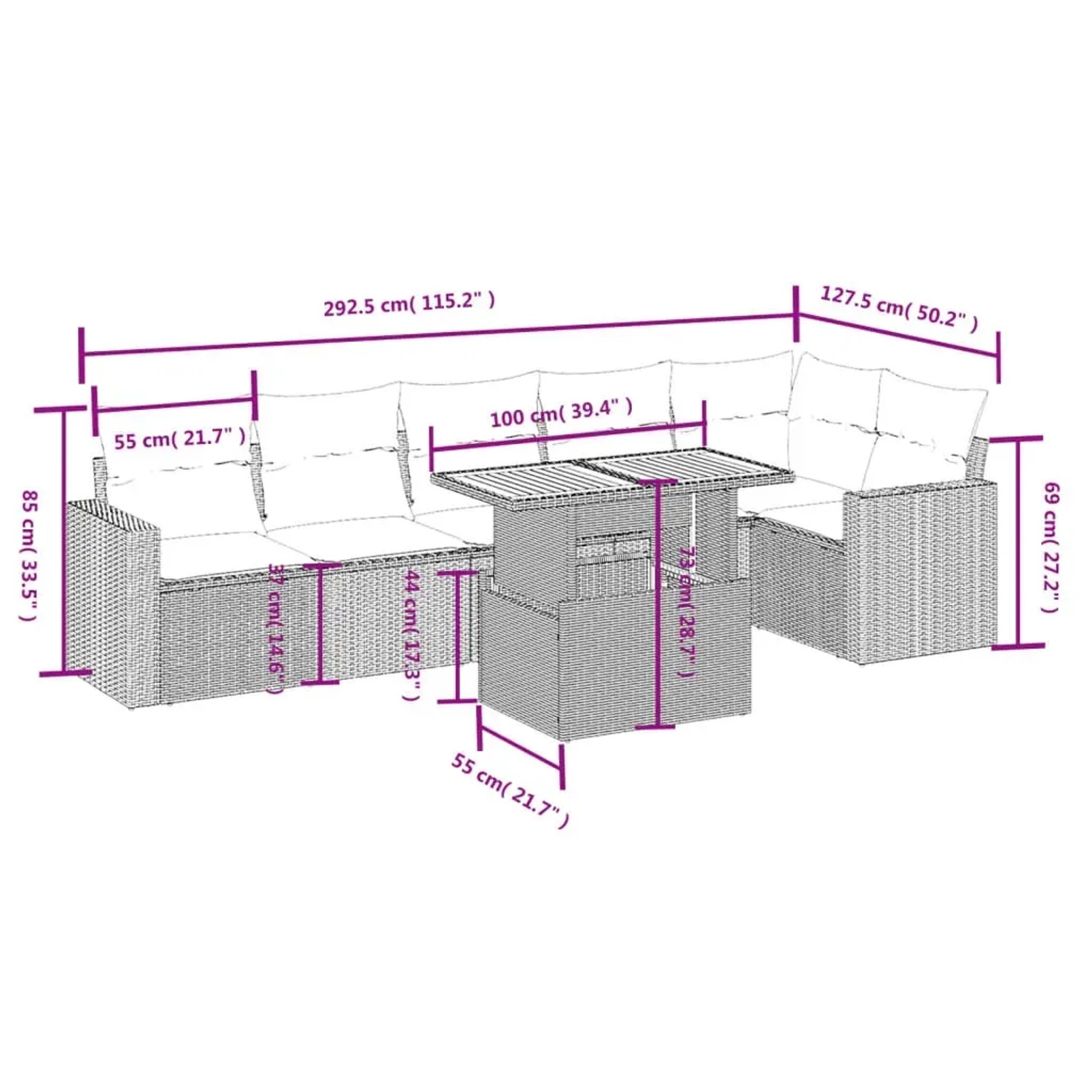 Schwarze 7-tlg. Garten-Sofagarnitur aus Polyrattan mit Tisch und cremeweißen Kissen.
