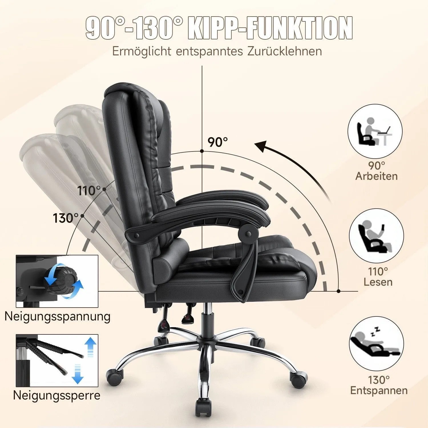 Schwarzer, ergonomischer Bürostuhl mit Liegefunktion und hoher Rückenlehne.