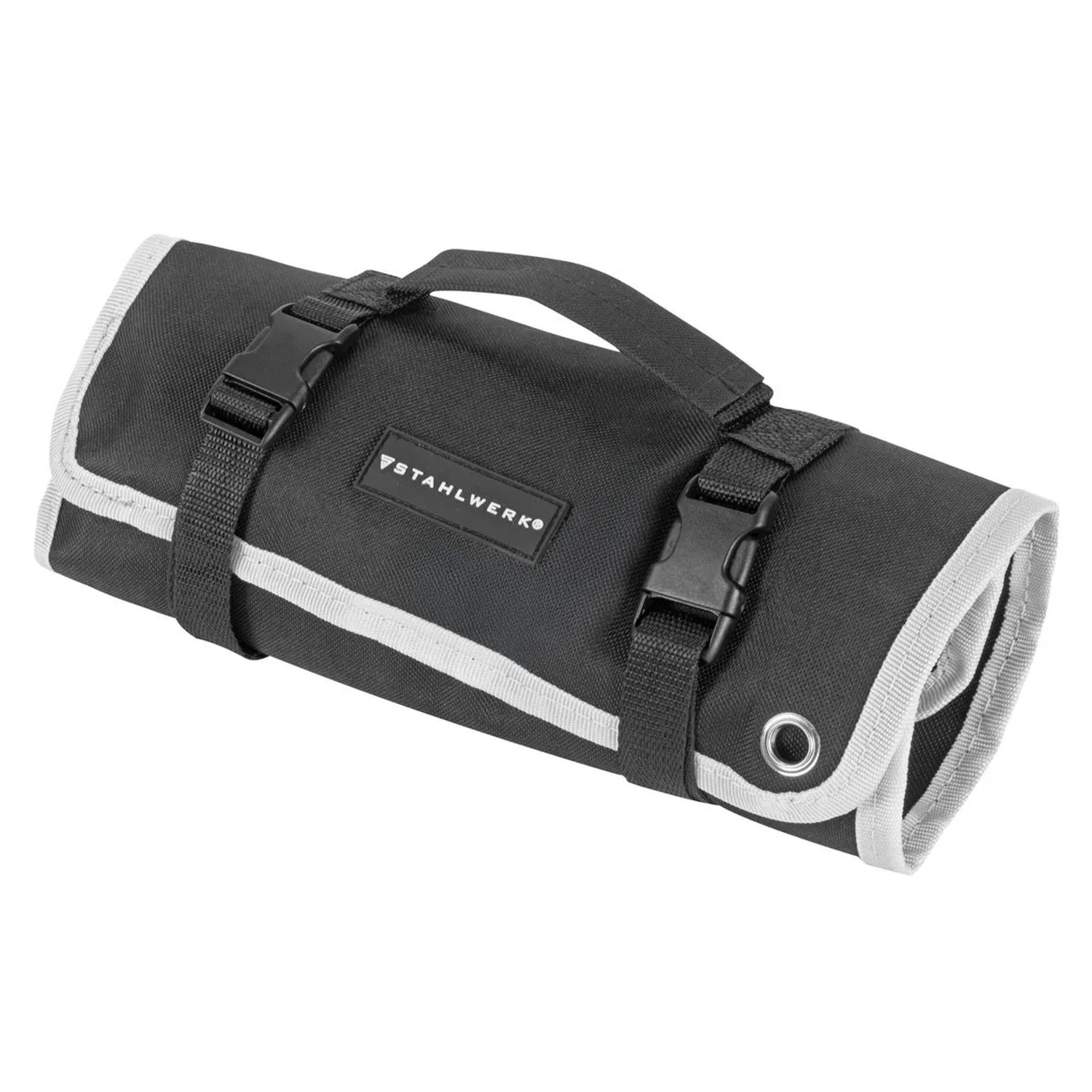 Schwarze STAHLWERK Rolltasche für 6-teiliges Gripzangen Set, mit grauen Akzenten, Schnallen und Tragegriff.