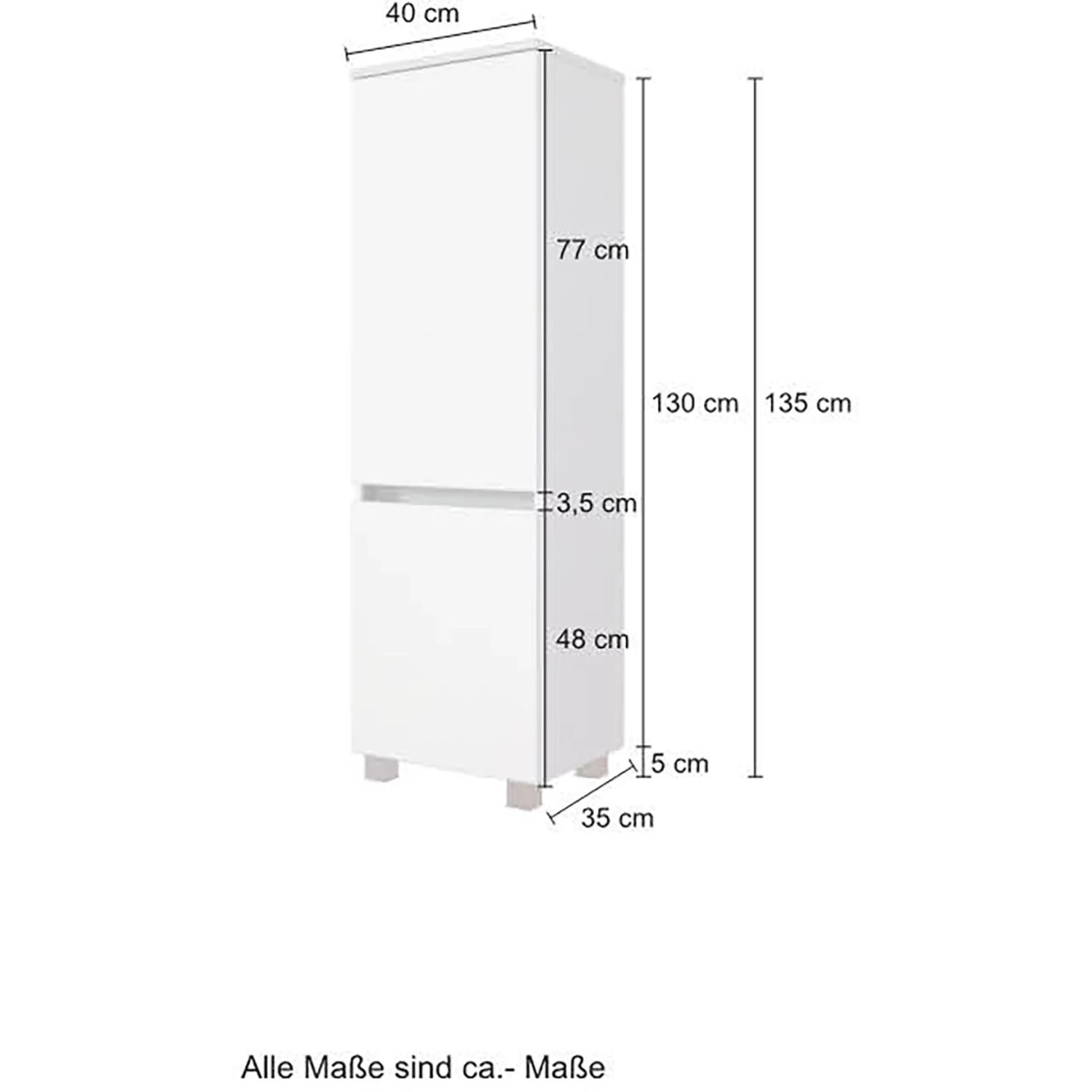 Held Möbel Bad-Midischrank Verona, 130 cm hoch, matt weiß, mit Maßangaben.