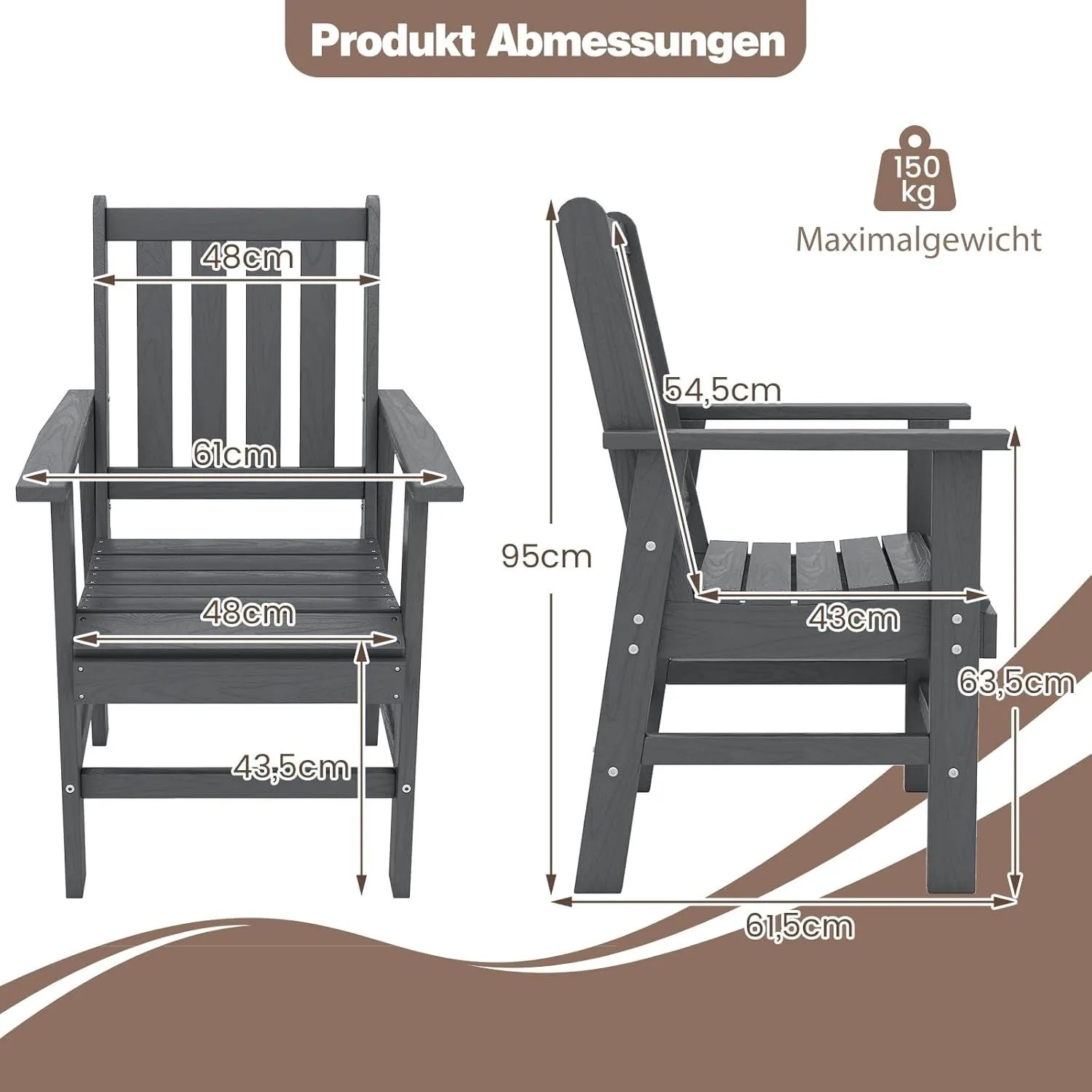 Costway Gartenstuhl aus grauem Kunststoff in Holzoptik, wetterfest, mit Maßangaben.