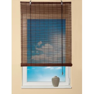OBI Bambus-Raffrollo Teak, 120x160 cm, am Fenster mit Zugschnüren.