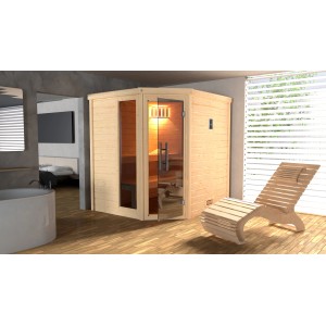 Weka Massivholzsauna Turku mit Glastür, Fenster und Liege im Sparset