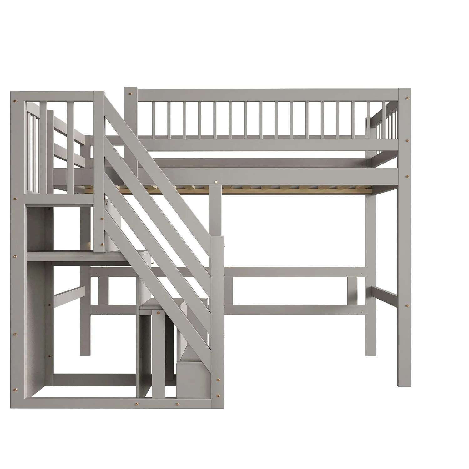 Merax Massivholzbett 90x200cm Treppe Stauraum Grau