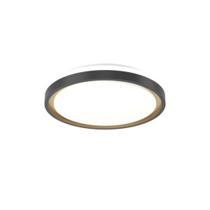 Moderne Eglo LED-Deckenleuchte Maleramara, rund, schwarz-gold, mit weißer Leuchtfläche.