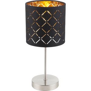 Globo Tischleuchte Clarke, schwarz-gold, Ø 15cm. Design-Tischlampe mit Textilschirm und Metallfuß.