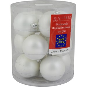 Vitbis Weihnachtskugeln, 12 Stück, Ø 6cm, Weiß, aus Glas im transparenten Behälter.