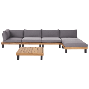 Graues Beliani Lounge Set FRAZZANO aus Holz mit Sofa, Ottomane und Tisch für den Garten.