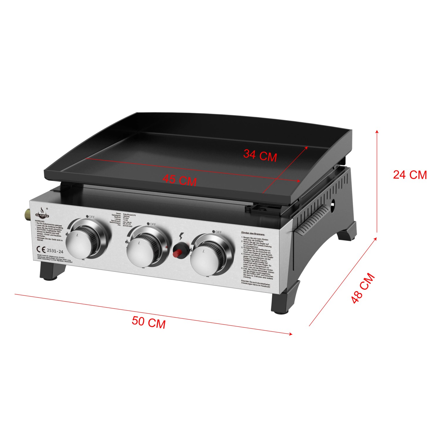 El Fuego Plancha Austin III Gasgrill mit emaillierter Gussplatte und drei Reglern.