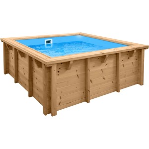 Quadratischer Holzpool Java, 2,10 m, mit blauem Wasser und Zubehör.