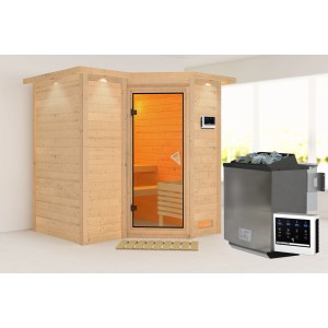 Woodfeeling Sauna-Set Steena 1 mit Bio-Ofen und Dachkranz aus naturbelassener, nordischer Fichte.
