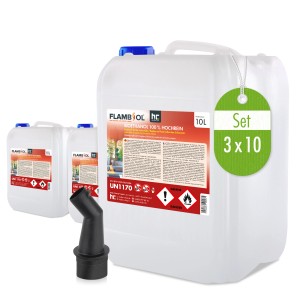 Flambiol Bioethanol 100% hochrein, 3 Kanister à 10 Liter, mit Einfüllstutzen.