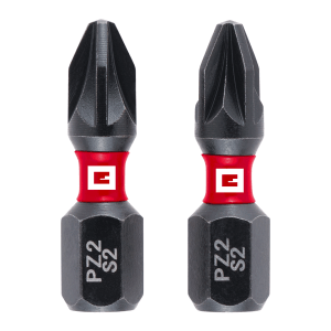 Einhell Impact Bit-Set, 2-teilig, 25 mm, PZ2 Profil. Bits aus S2-Stahl mit rotem Ring.