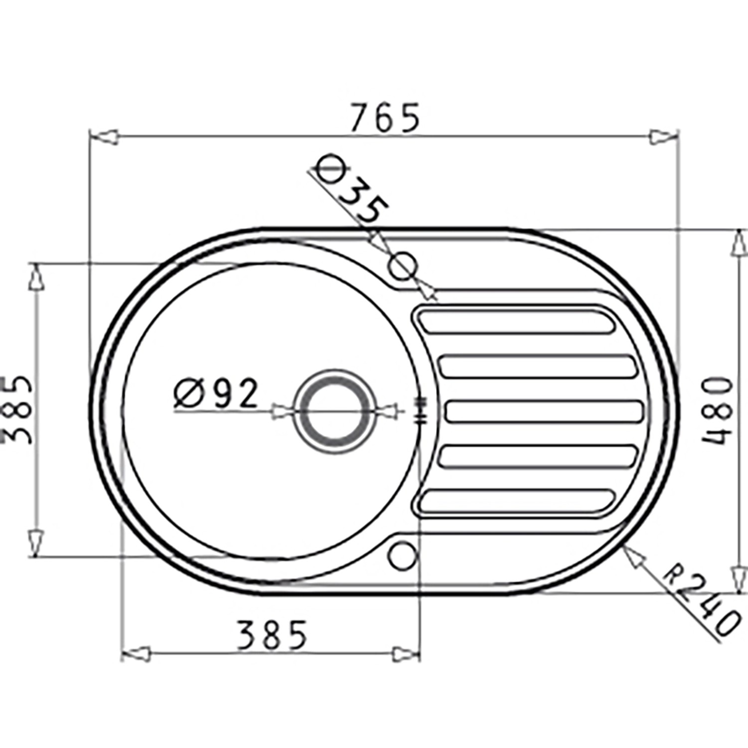 Technische Zeichnung der Pyramis Einbauspüle SR Mini aus Edelstahl mit Maßangaben.