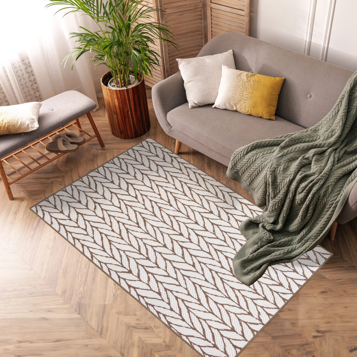 Primaflor In- & Outdoorteppich Reverso Knitted Joy Braun, 160x220cm, im Wohnzimmer.