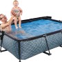 Grauer EXIT Stone Pool 220x150x65 cm mit Filterpumpe und Sonnensegel. Stahlrahmenpool mit Steinmuster.