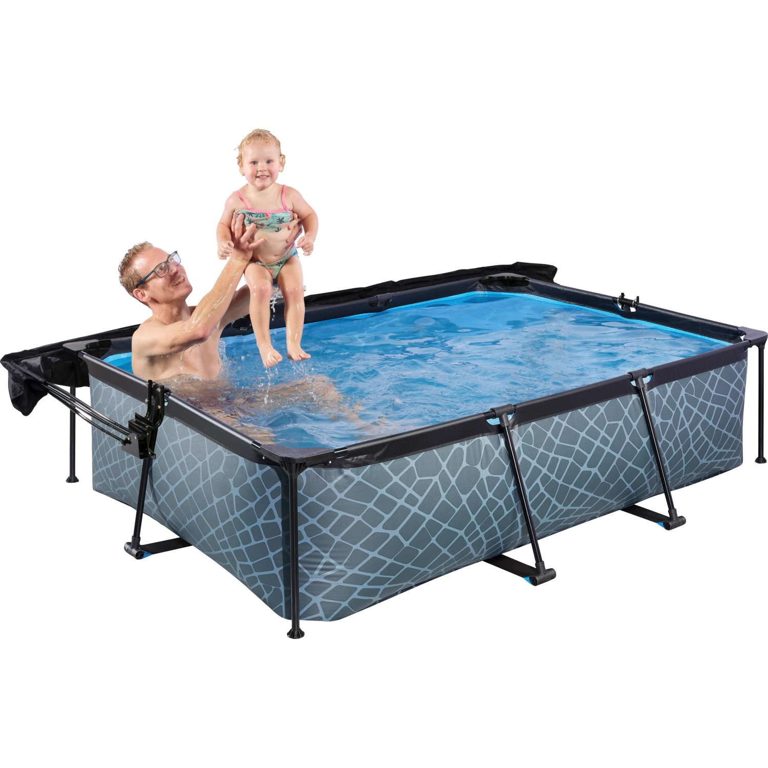 Grauer EXIT Stone Pool 220x150x65 cm mit Filterpumpe und Sonnensegel. Stahlrahmenpool mit Steinmuster.