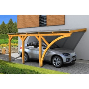 Skan Holz Carport Eifel, 300x541 cm, Eiche hell, mit Auto. Einzelcarport mit Doppelstegplatten.