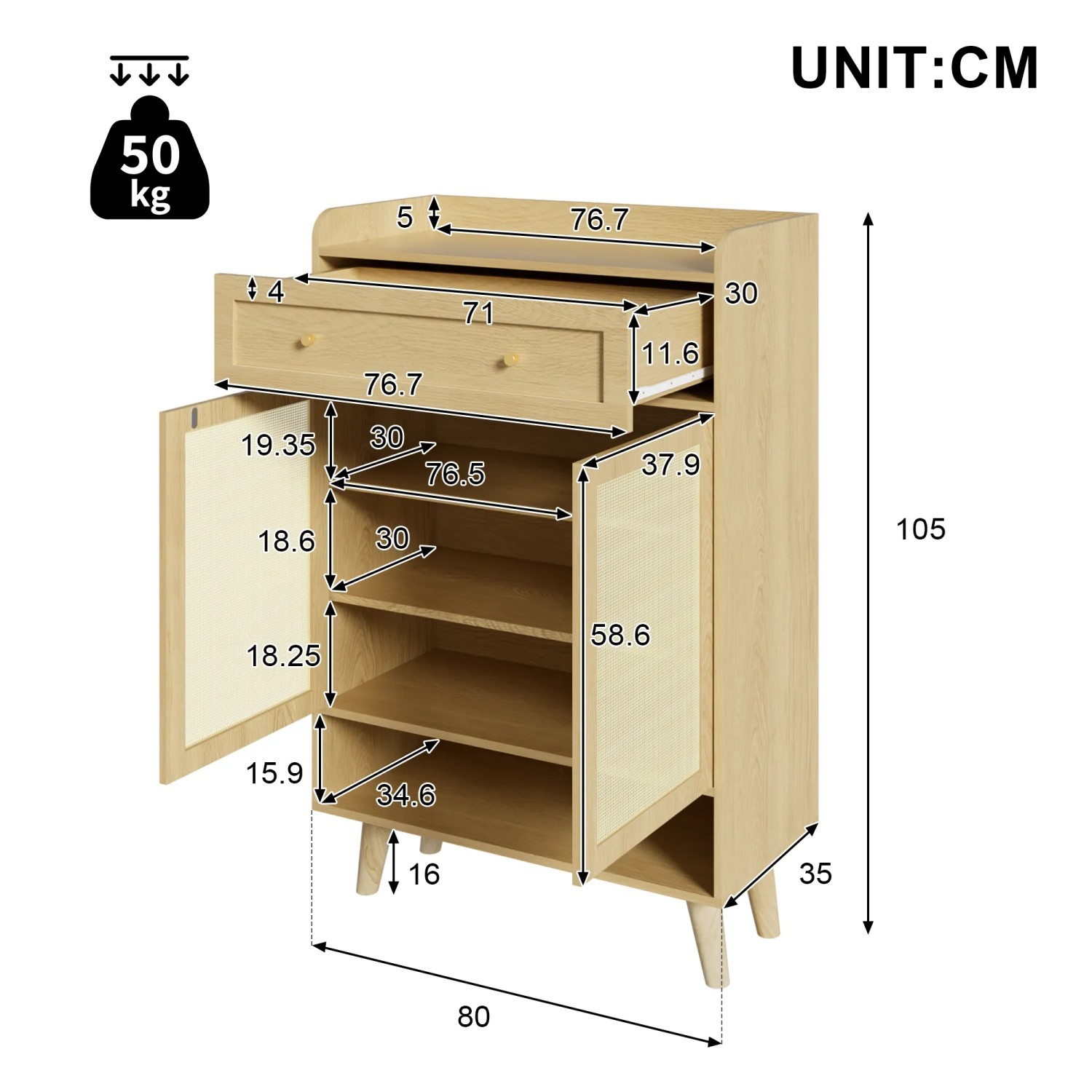 Merax Rattan Schuhschrank in heller Eiche, 80x35x105 cm, mit Schublade und 2 Türen mit Rattan-Einsätzen.