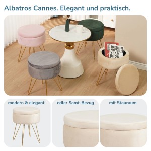 Albatros Hocker CANNES, beige, mit Samtbezug und goldenen Beinen. Verschiedene Farben.
