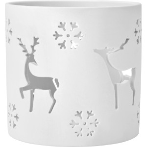 Weißes, mattes Teelichtglas aus Keramik mit ausgestanzten Rentieren und Schneeflocken, 10x10 cm.