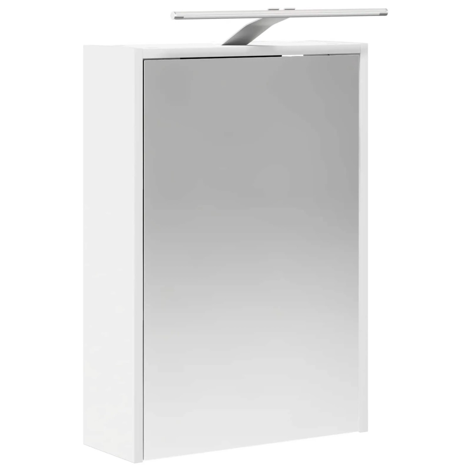 Weißer Spiegelschrank mit LED-Beleuchtung, Spiegeltür und Wandmontage. Modernes Badmöbel.