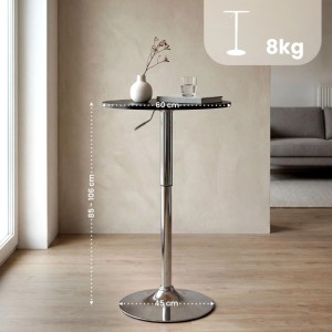 Runder, schwarzer Stehtisch Lamoni, höhenverstellbar 85-106 cm, mit Holzplatte und glänzendem Metallgestell.