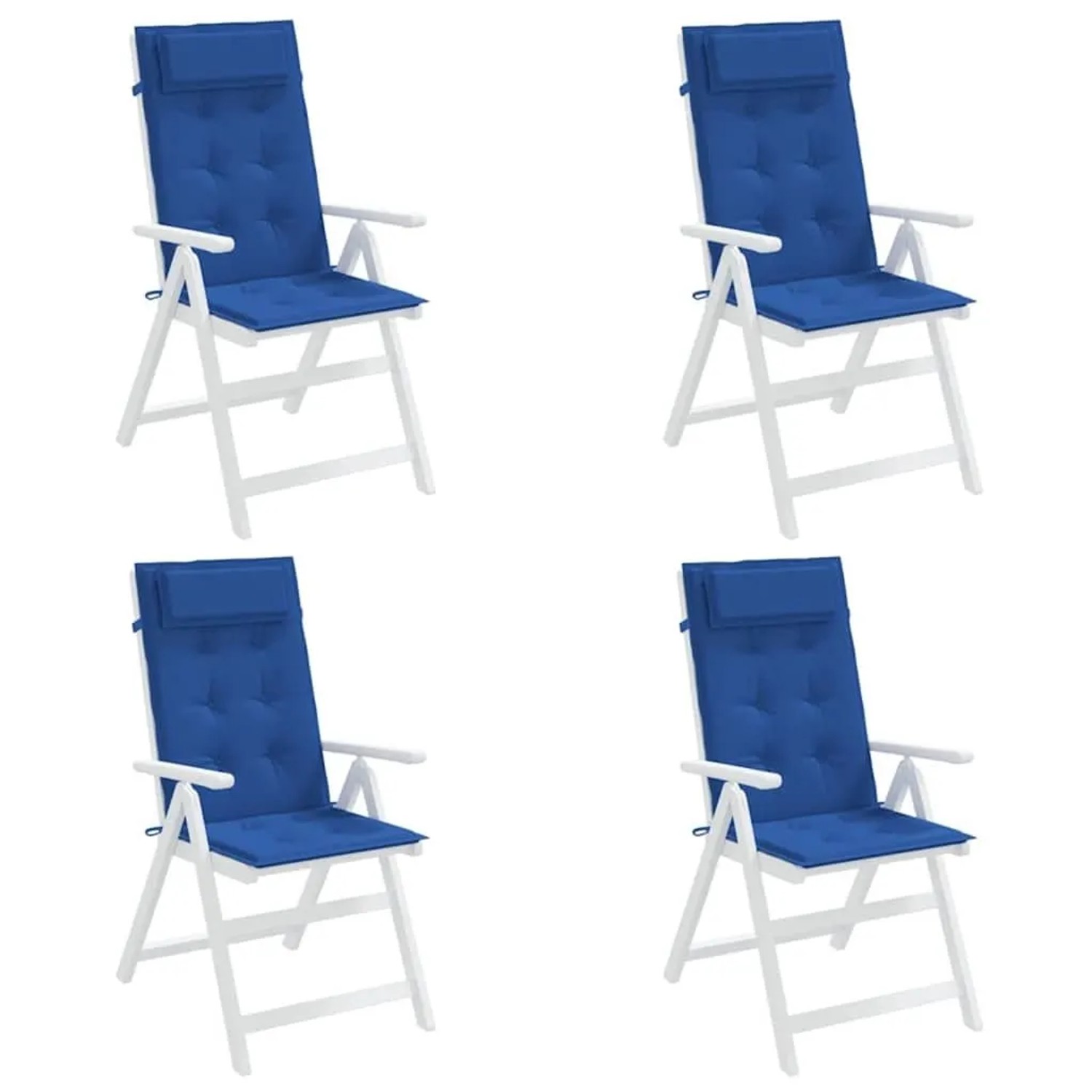 Vier königsblaue Hochlehner-Auflagen aus Oxford-Gewebe für Gartenstühle, mit Kopfpolster und Knopfheftung.