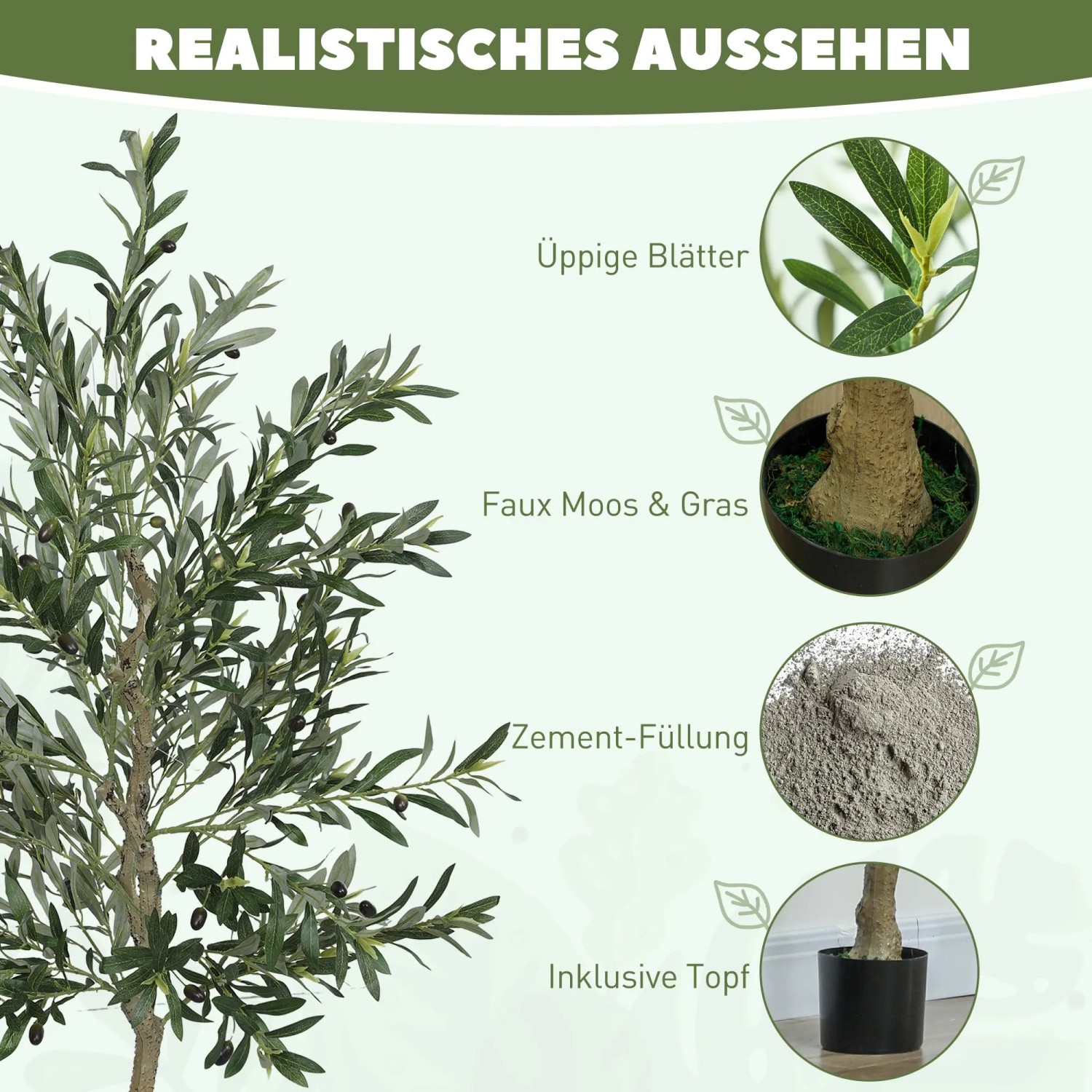 HOMCOM Künstlicher Olivenbaum 180 cm: grüne Blätter, schwarze Oliven, schwarzer Topf mit Zementfüllung. Sehr realistisch.