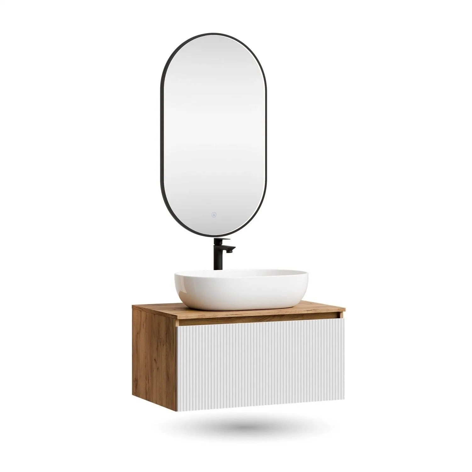 Planetmöbel ARISA Badmöbel Set 80 cm Weiß Geriffelt Soft Close mit Glora LED Spiegel Oval 50 x 90 cm und Keramik Aufsatzwaschbecken Weiß 60 cm