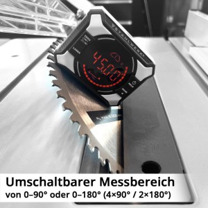 STAHLWERK Digitaler Winkelmesser mit Laser auf Sägeblatt, zeigt 45 Grad. Präzises Messwerkzeug.