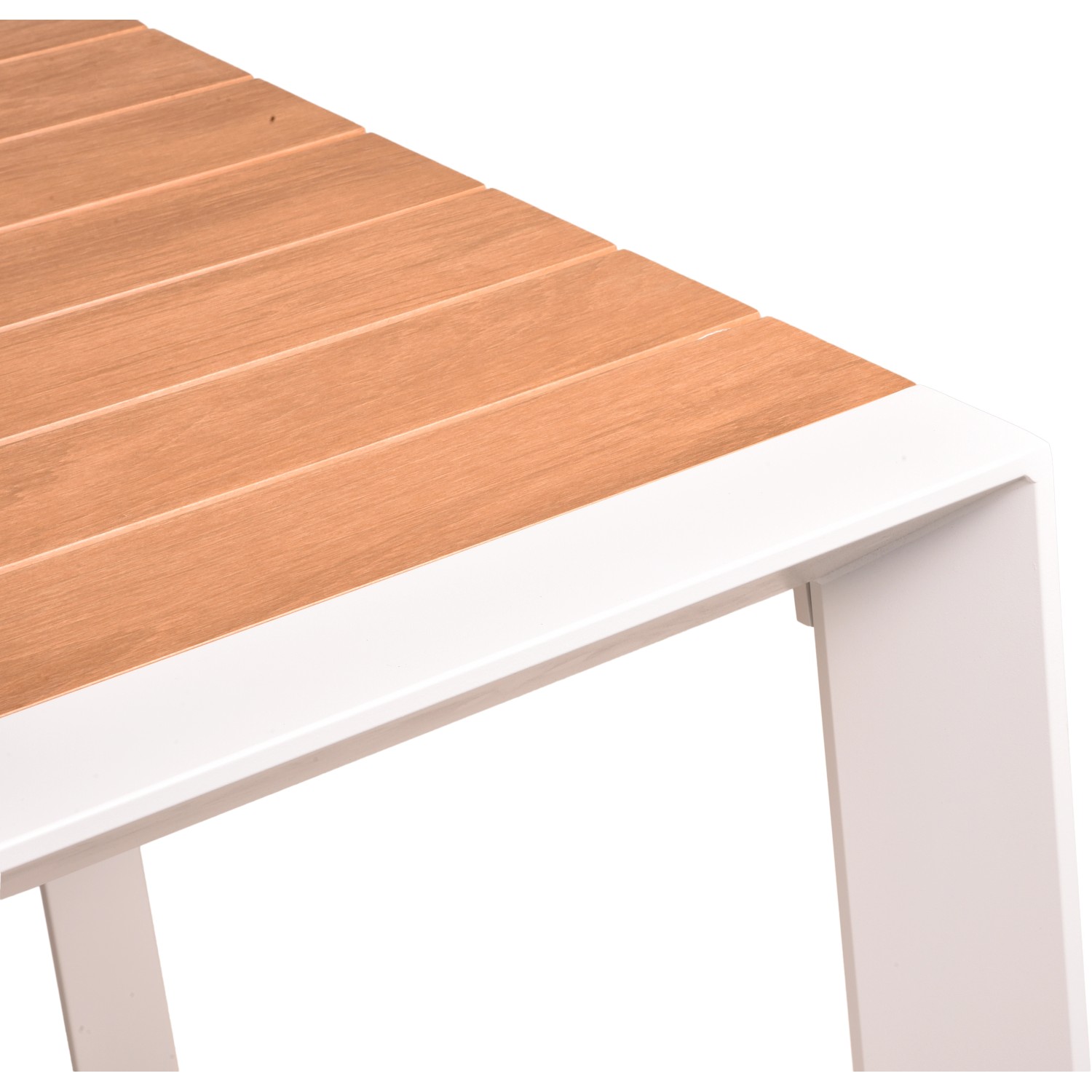 Detailansicht Gartentisch VENICE, rechteckig, braun-weiße Tischplatte, Aluminiumgestell.