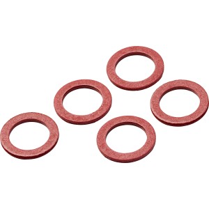 Fünf rote Fiberdichtungen (Ø 12 mm x Ø 18 mm) zur Abdichtung von Gewinden.