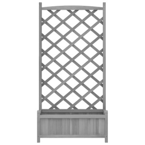 Grauer Pflanzkübel mit Spalier aus Tannenholz für Kletterpflanzen im Garten oder auf der Terrasse.