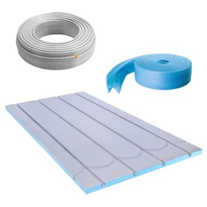 Belvit Fußbodenheizung Set 150m²: Trockenbauplatten, Metallrohr, Randdämmstreifen.