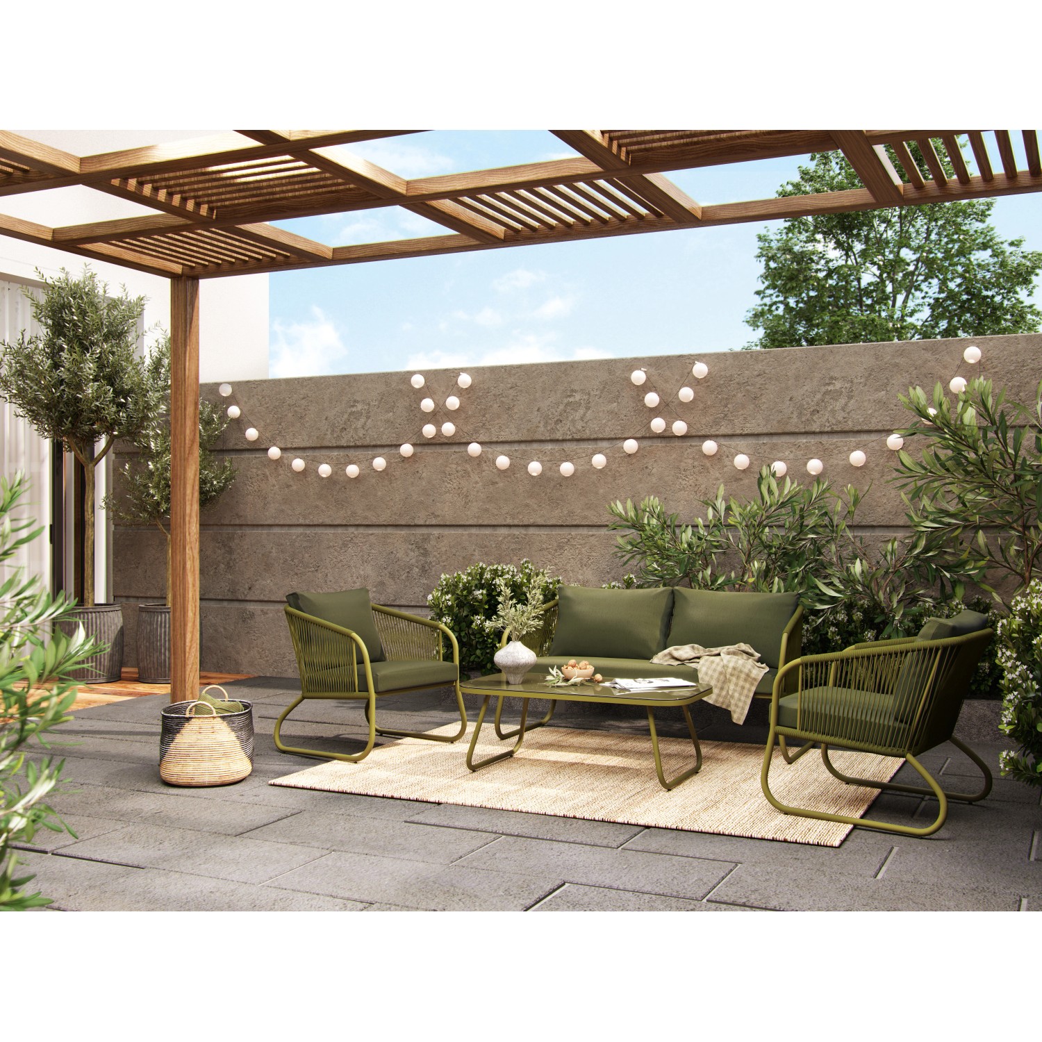 4-teiliges Lounge-Set Scafford mit Esstisch und Seilbespannung in Oliv für Garten und Terrasse.