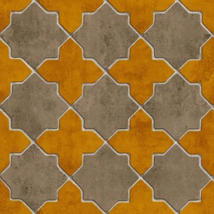 Orange-ockerfarbene Vliestapete mit orientalischem Keramik-Muster für Küche und Wohnraum.