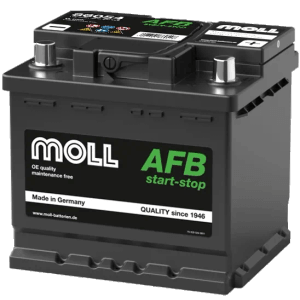 Schwarze MOLL AFB Start-Stop Starterbatterie 12V 54Ah, 540A Kaltstartstrom. Autoelektrik Made in Germany.
