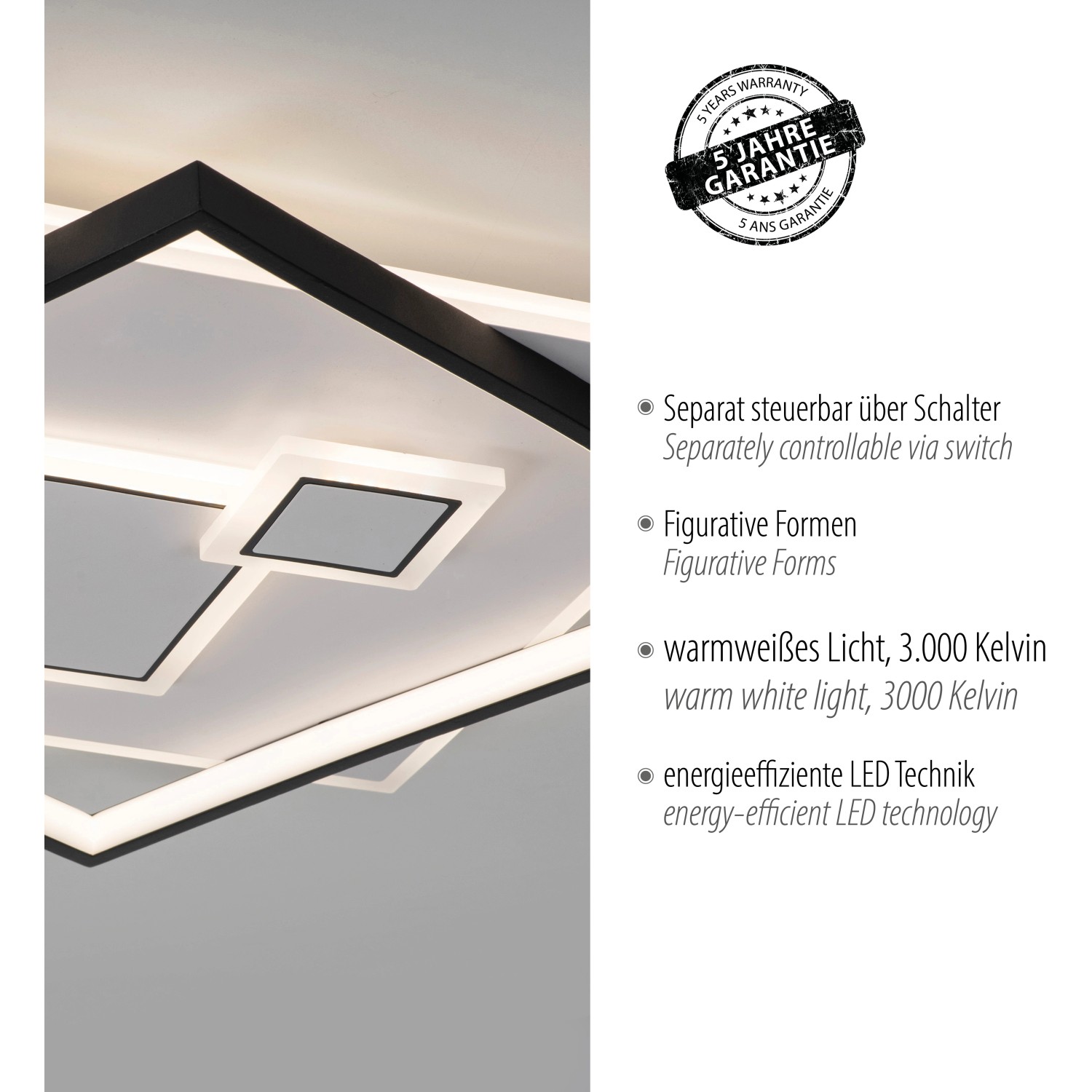 Moderne, weiße LED-Deckenleuchte Mailak (57x57 cm) mit schwarzem Rahmen. Quadratisches Design für Wohnräume.