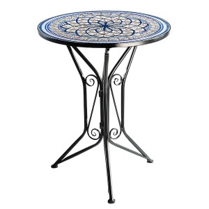 Kobolo Gartentisch mit Mosaikoptik in Weiß und Blau, runder Metalltisch für Balkon und Garten.