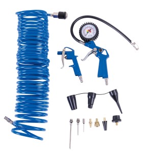 Scheppach 14-teiliges Druckluft Zubehör-Set mit Schlauch, Manometer, Ausblaspistole und Düsen.