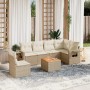Beige 7-teilige Garten-Sofagarnitur aus Polyrattan mit Kissen. Gartenmöbel für Terrasse und Garten.