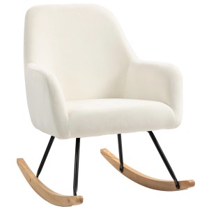 Cremeweißer HOMCOM Schaukelstuhl mit Samtbezug, Holzrahmen und schwarzen Metallbeinen.