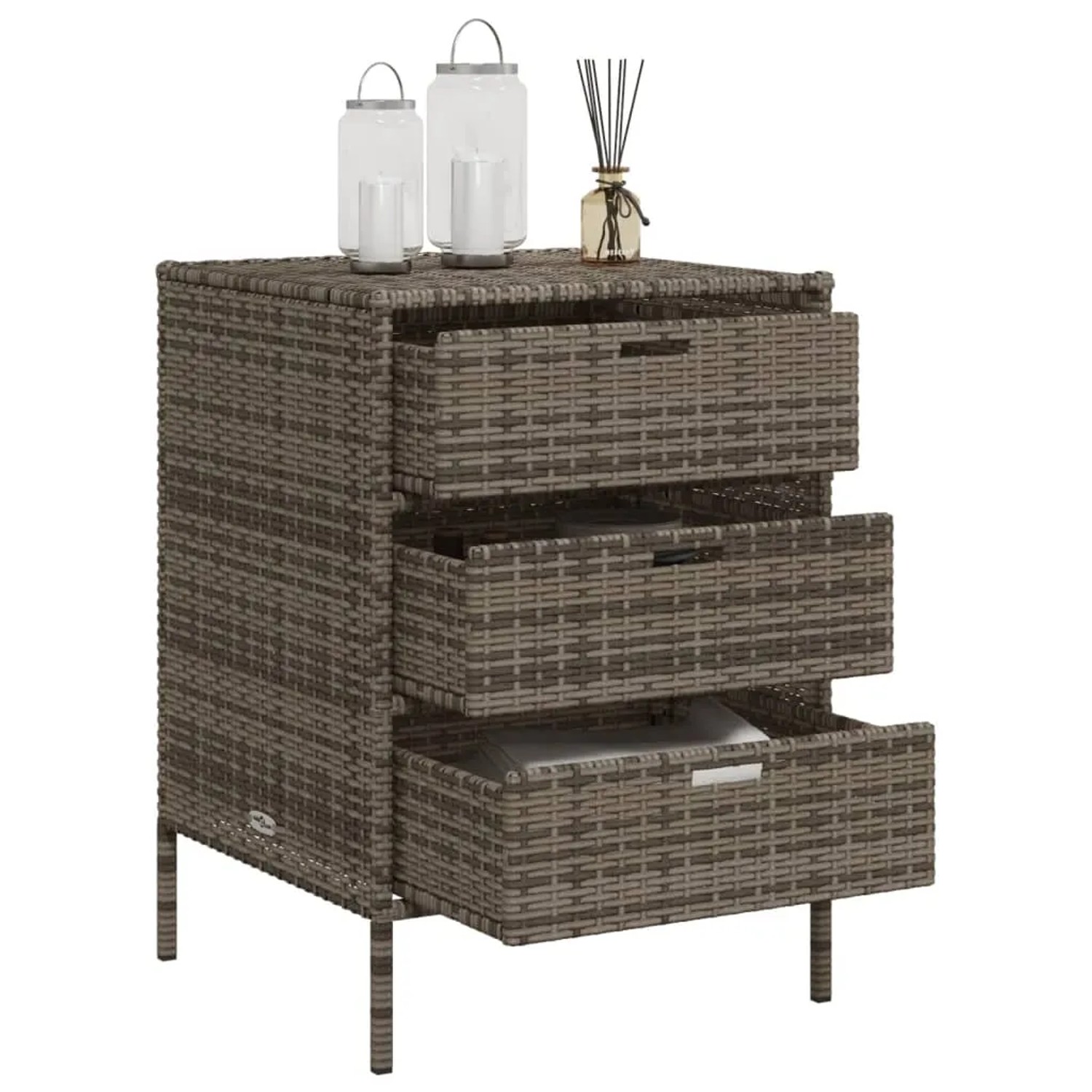 Grauer VidaXL Gartenschrank aus Poly Rattan mit drei Schubladen für Gartenbedarf.