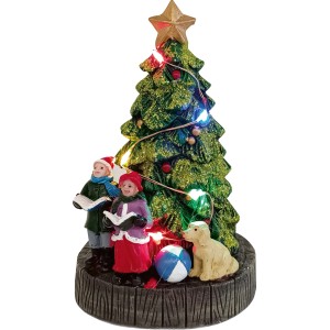 OBI Weihnachtsdorf Figur: Kinder singen vor beleuchtetem Tannenbaum mit Hund. Mehrfarbige Weihnachtsdekoration aus Polyresin.