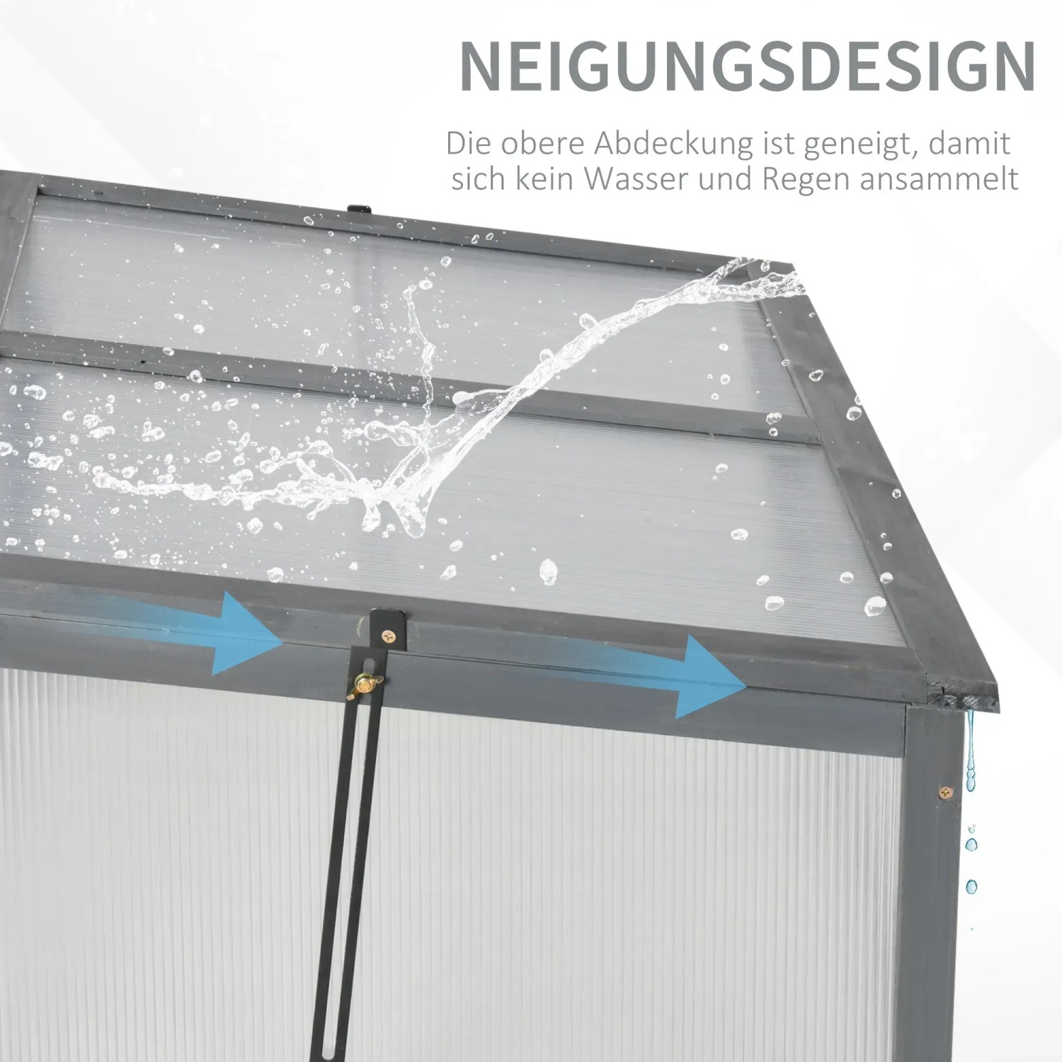Detailaufnahme: Graues Outsunny Gewächshaus mit geneigtem Dach für Wasserablauf.