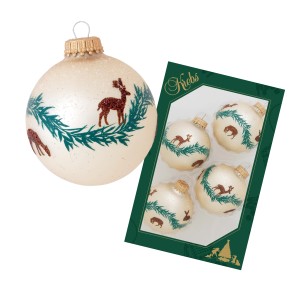Krebs Glas Lauscha: 4er-Set Weihnachtskugeln mit Rentier-Motiv, 7cm Durchmesser.